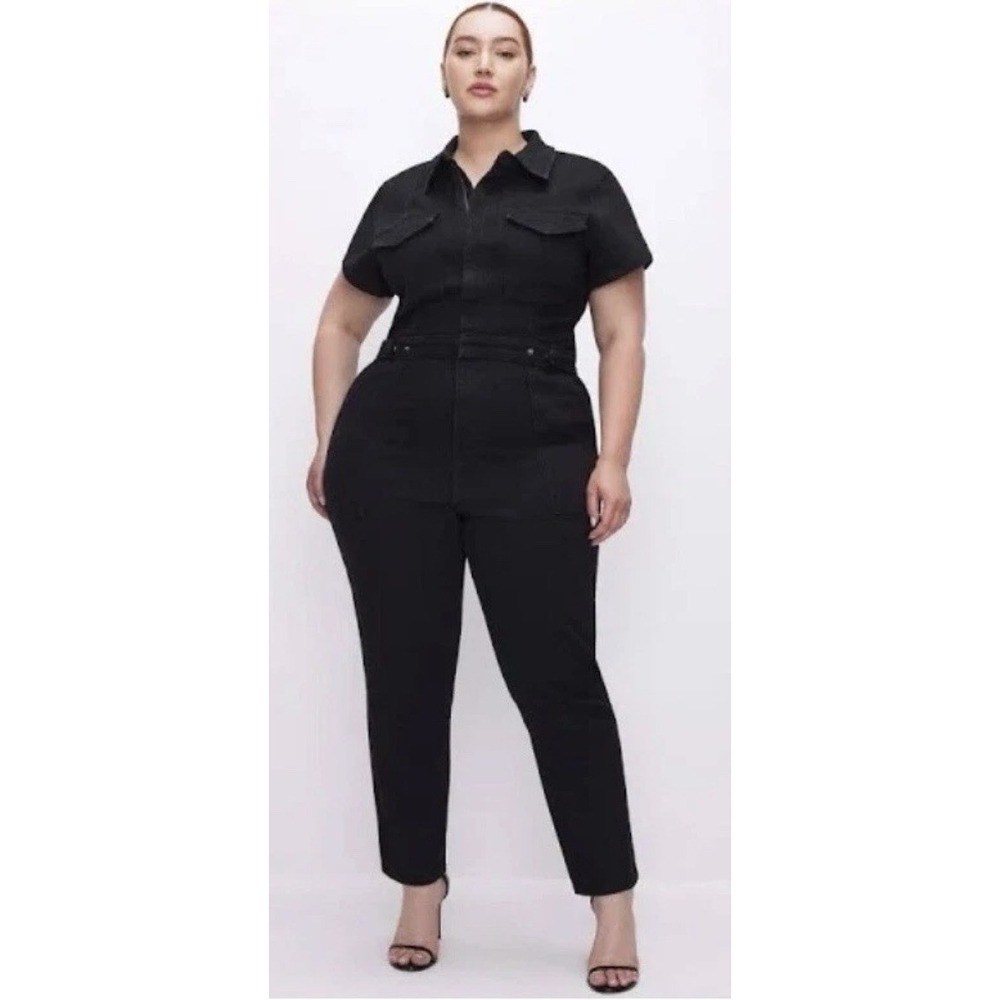 GOOD AMERICAN Womens Petite Fit For Success‎ Denim Jumpsuit 3 XL Black Straight